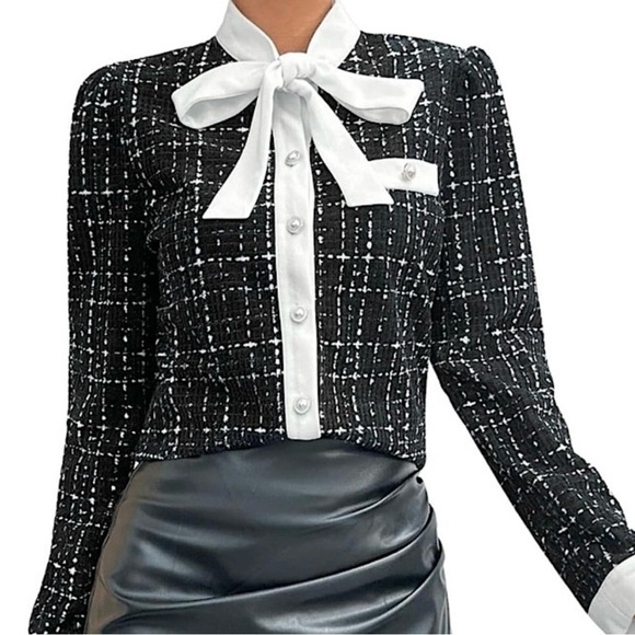 New LUXE TWEED Black + White BOUTIQUE Bow Tie-Neck Pearl Button Down Shirt XL - Picture 1 of 13